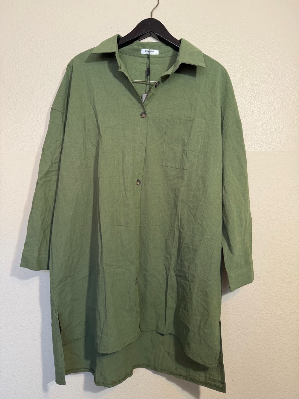 Zeagoo new Olive Green Button-Front Shirt Dress 100% cotton
